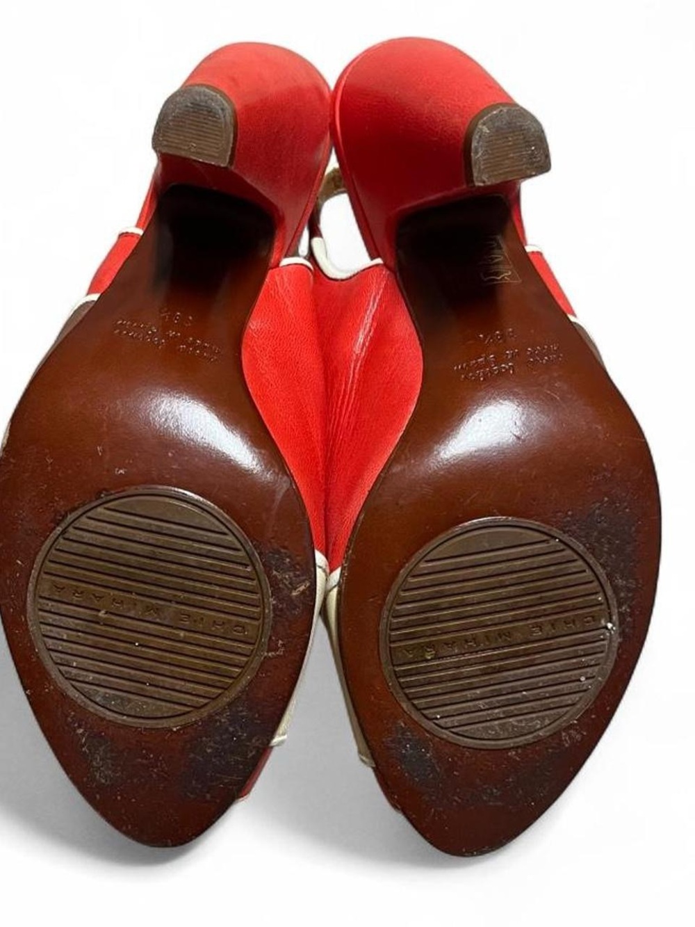 Designer Chie Mihara Retro Leather Red Cream Brown Slingback Peep-Toe Heels - Picture 6 of 6